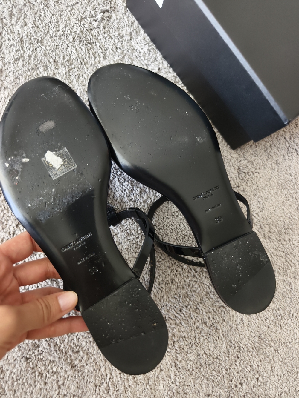 Saint Laurent Black Patent T-Strap Sandals with Crystal YSL Emblem - Picture 4 of 7